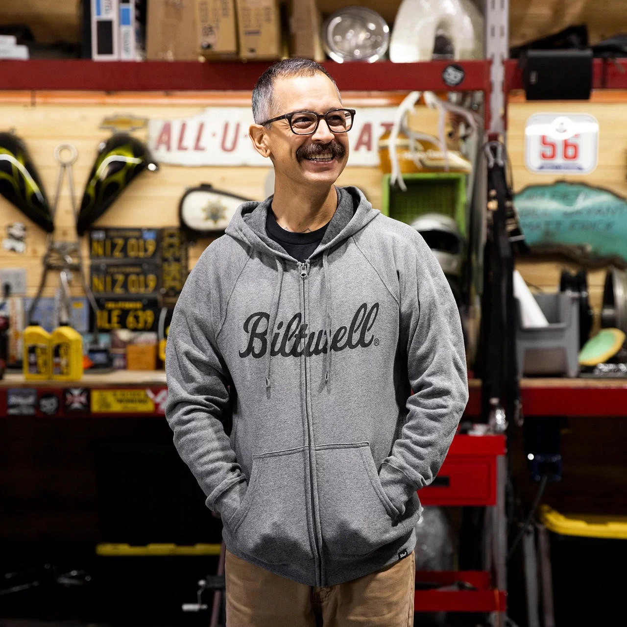 Biltwell - Script Zip-Up Raglan Hoodie - Gray 7 Biltwell - Script Zip-Up Raglan Hoodie - Gray - Image 5