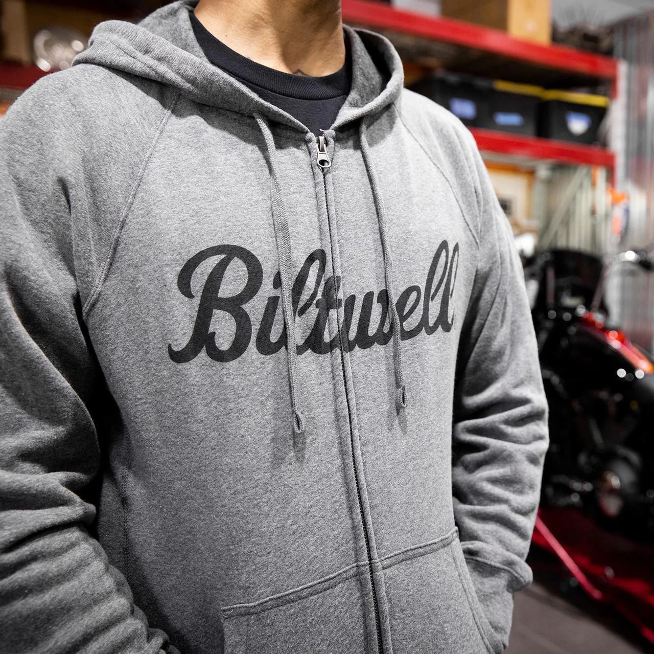 Biltwell - Script Zip-Up Raglan Hoodie - Gray 9 Biltwell - Script Zip-Up Raglan Hoodie - Gray - Image 7