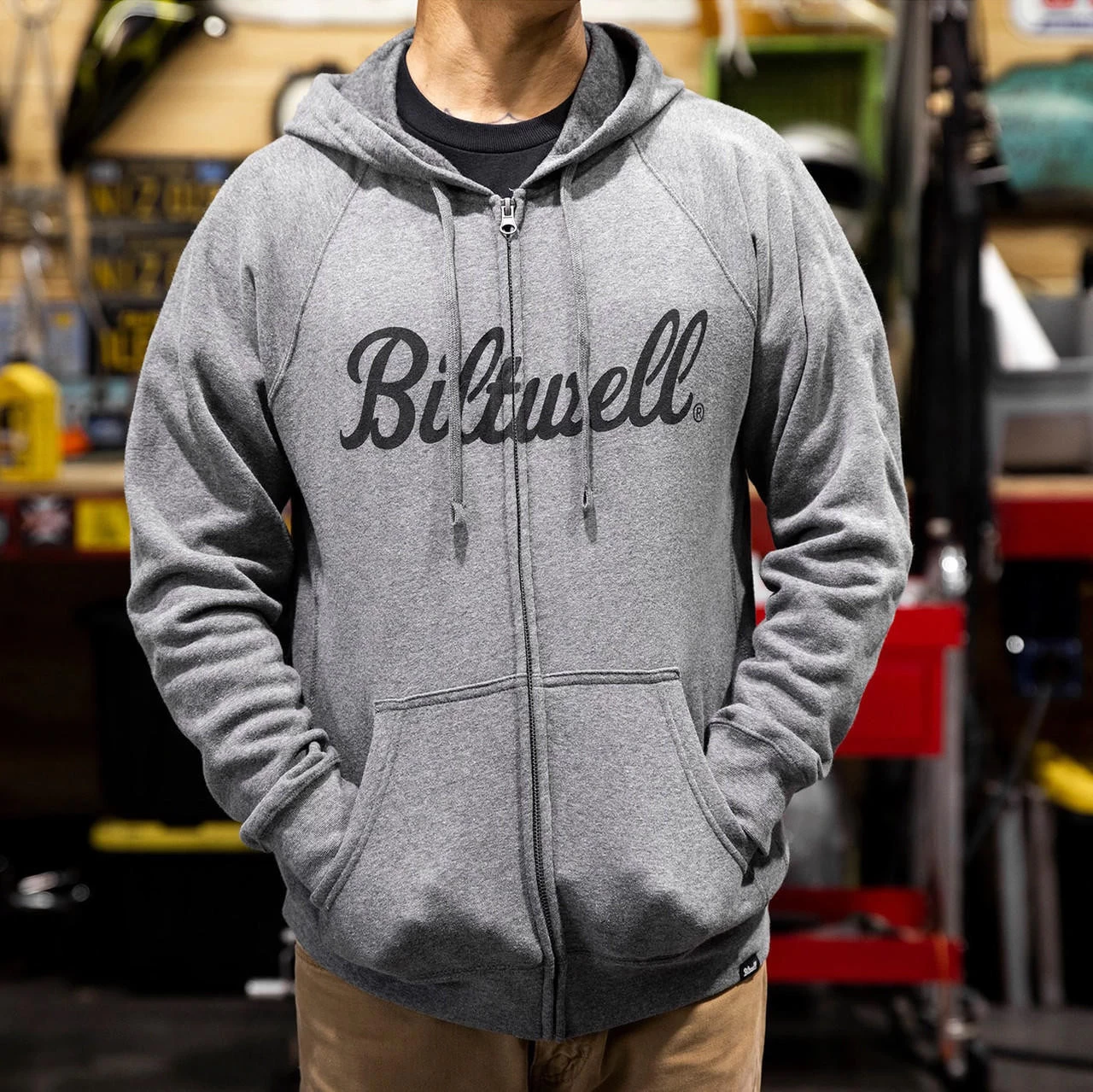Biltwell - Script Zip-Up Raglan Hoodie - Gray 8 Biltwell - Script Zip-Up Raglan Hoodie - Gray - Image 6