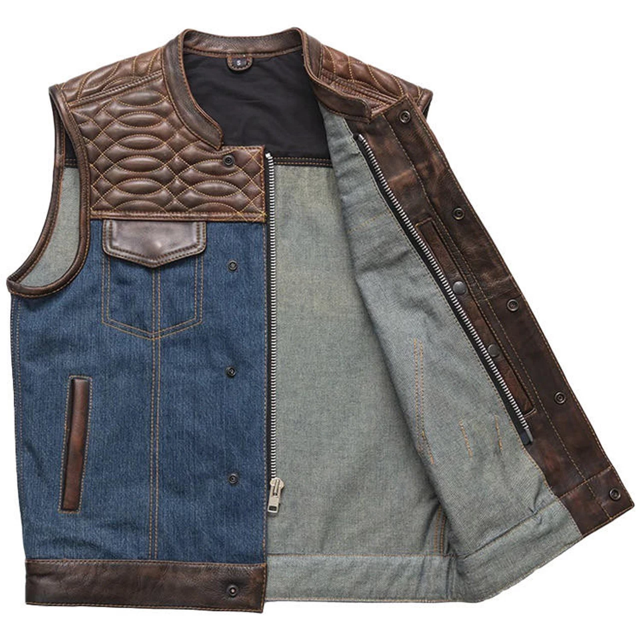 First Mfg - Havana Men's Club Style Motorcycle Leather/Denim Vest 5 First Mfg - Havana Men's Club Style Motorcycle Leather/Denim Vest - Image 3